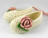 Organic Crochet Baby Booties, Pink and Cream Baby Ballet Shoes