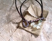 Vintage key necklace with pale green prehnite gemstone beads.