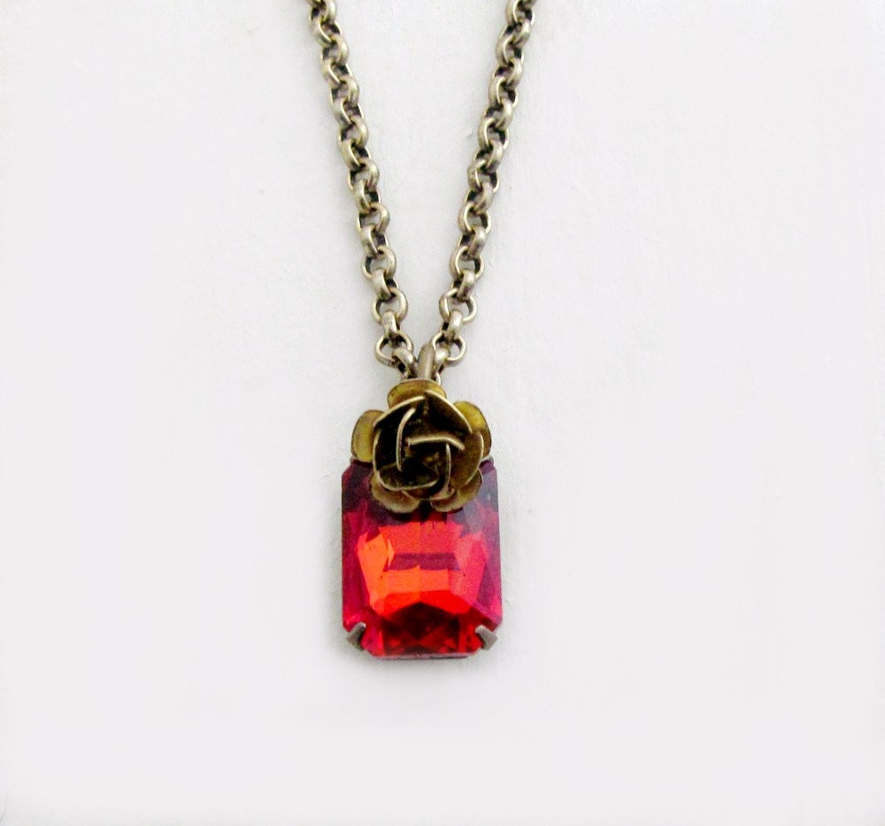 Red Rhinestone Necklace Brass Flower Necklace Rose Necklace Valentine Jewelry Wedding Old Hollywood Style - Isadora