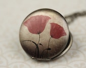 Red Hibiscus Flowers Image Locket Necklace on Long Antiqued Brass Chain, Medium Size Pendant, Shabby Chic, Picture Jewelry, Unique Jewellery