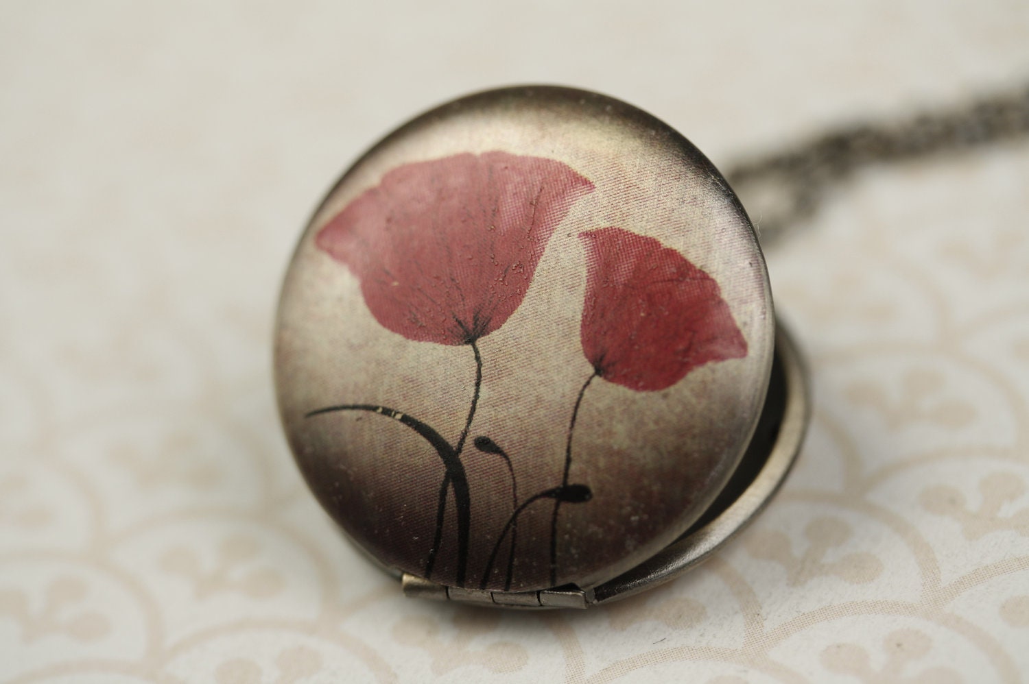 Red Hibiscus Flowers Image Locket Necklace on Long Antiqued Brass Chain, Medium Size Pendant, Shabby Chic, Picture Jewelry, Unique Jewellery