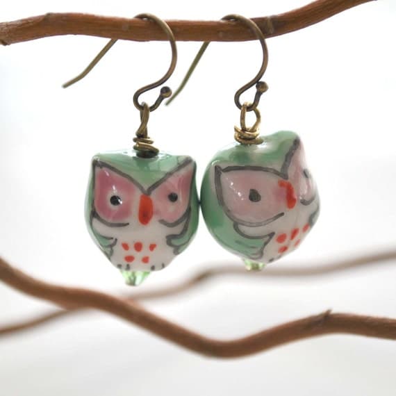 Green Owl Earrings