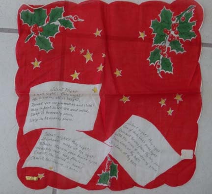 REDUCED Vintage 50s Christmas Hanky Handkerchief Christmas Carol Hymn Silent Night - chictrezures