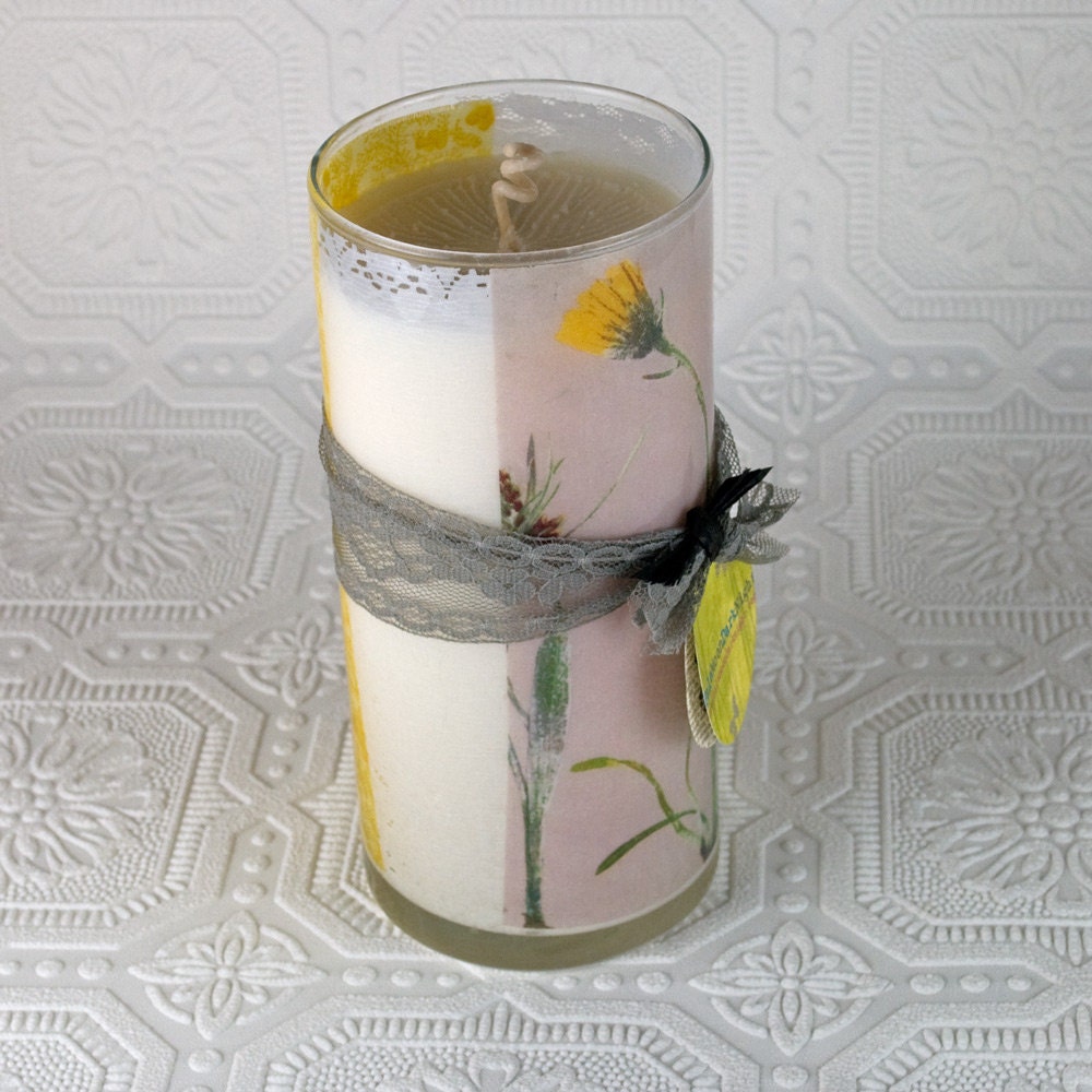 Soy Candle Flower Candle with Fabric and Lace Yellow Dandelion Soy Candle