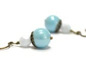 Light Blue Earrings, Frosted Sky Blue Robin's Egg Antiqued Brass Dangle Earrings Gift For Her Under 15