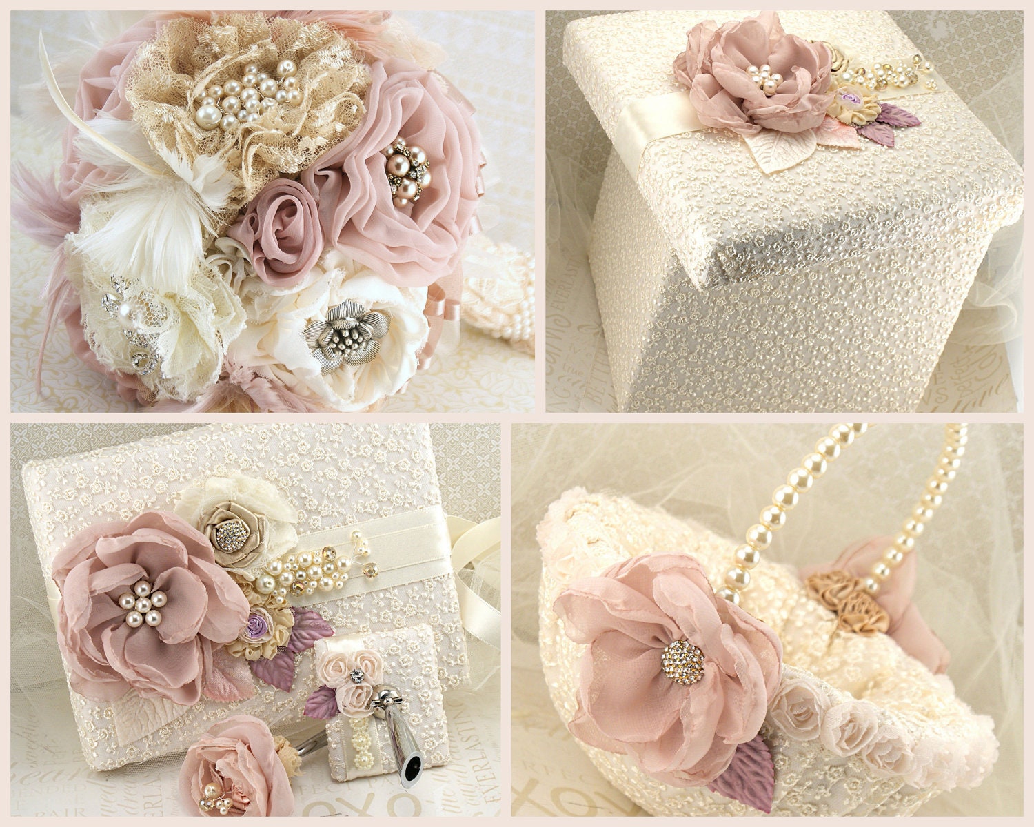 Bridal Package Brooch Bouquet, Keepsake Box, Flower Girl Basket and Guest Book Set in Blush Pink, Ivory, Champagne and Lilac