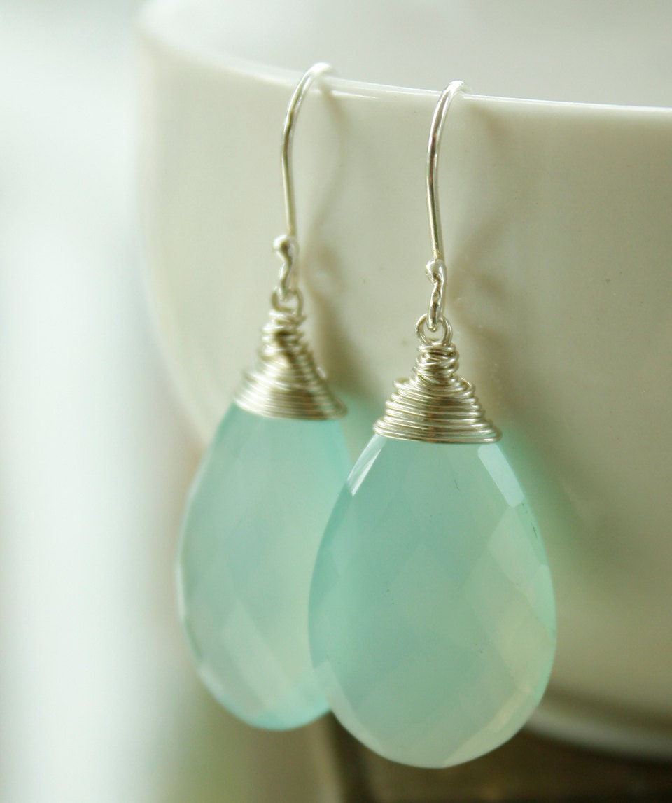 Aqua Blue Chalcedony Earrings - Wire Wrapped Teardrop Earrings - Sea Green