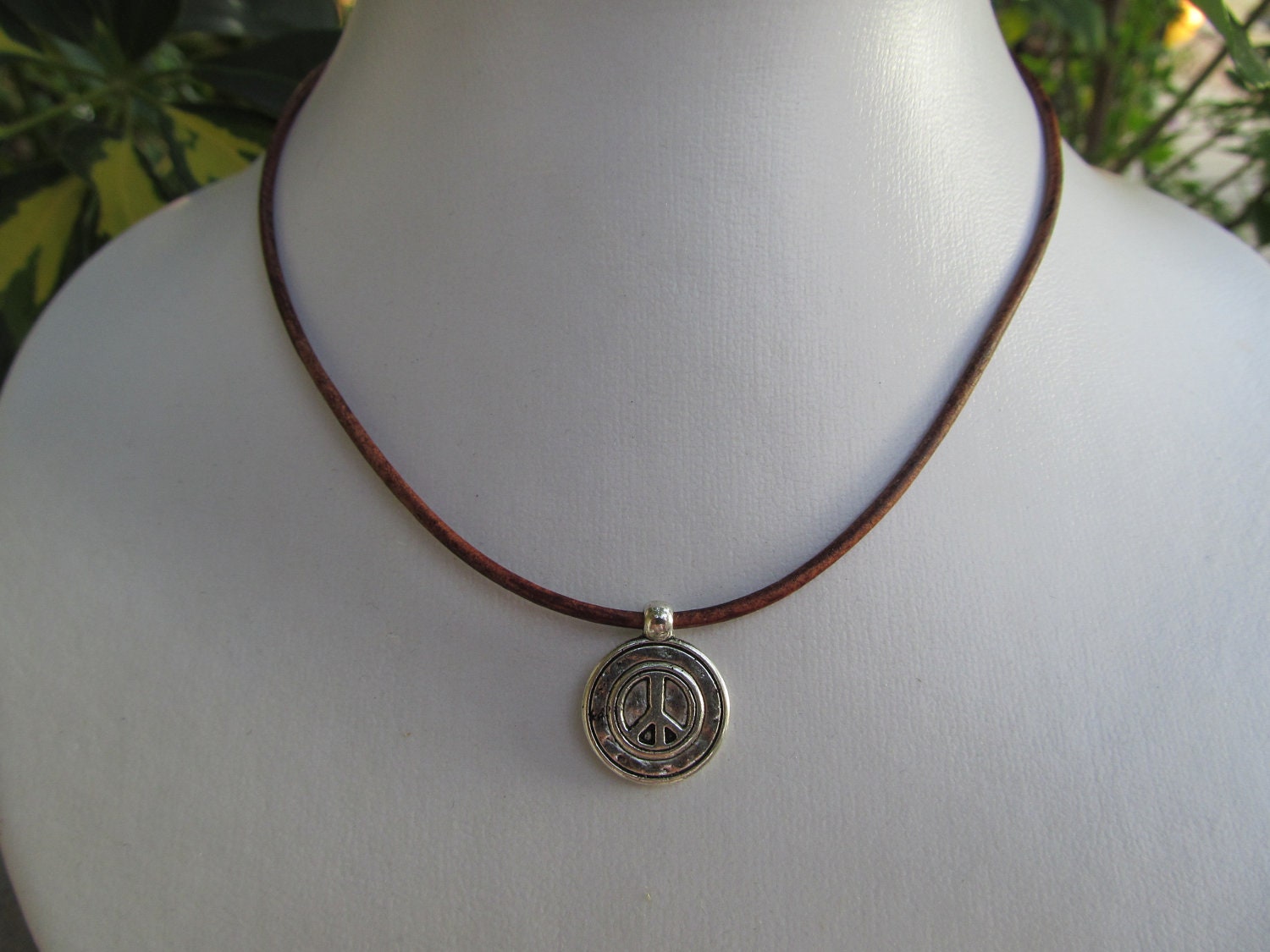 World Peace - Artisan Pewter Peace Sign on Natural Leather Necklace