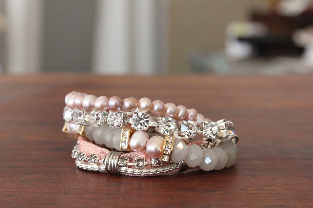 Pink Bridal Bracelet with freshwater pearls and silk
