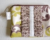 Handmade Ruffled Small Zip Pouch -  Tan, Cream and Celery Swirl with a Tan Quadrafoil Ruffle READY TO SHIP