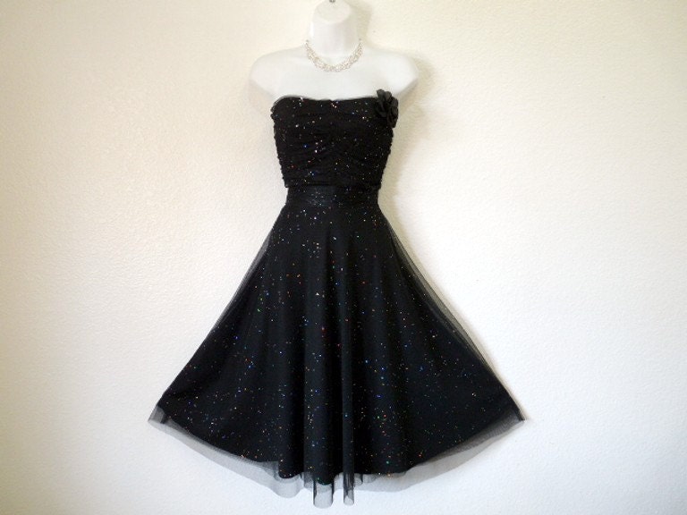 SALE Vintage 80s  Black Tulle Dress Strapless Sweetheart Sparkle Cocktail Party Dress Ruby Rox Pin-up Party Cocktail Dress S