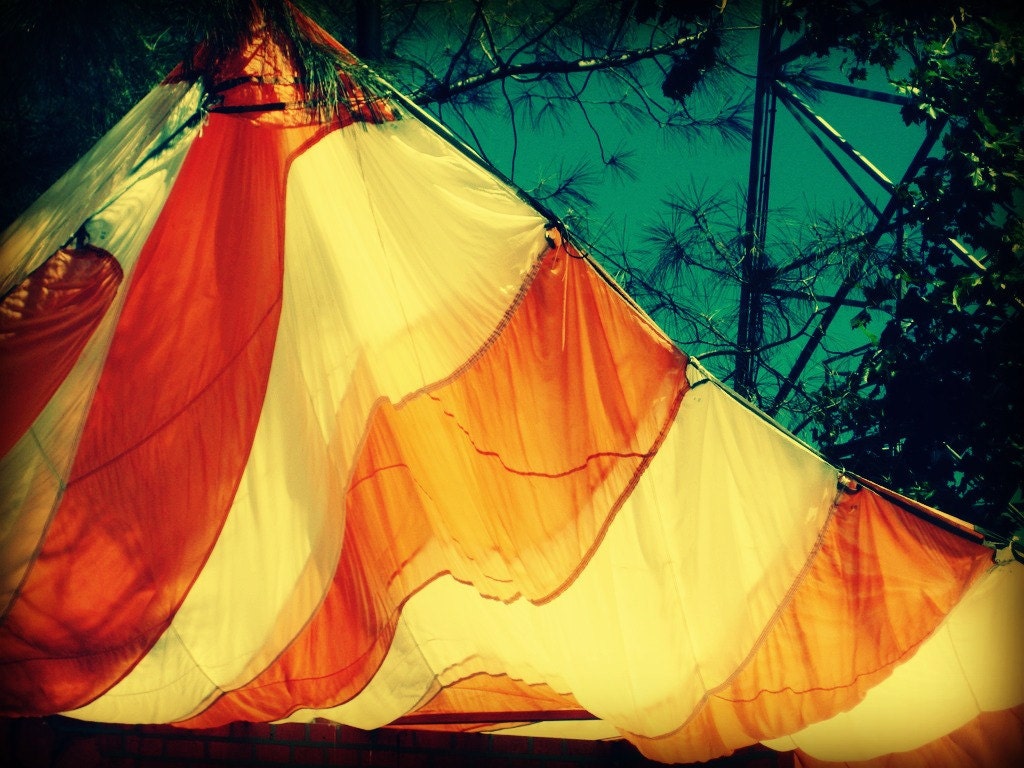 Carnival Tent II - vintage circus fair warm bright summer orange white blue art print home decor - kristaglavich