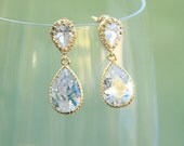 Rhinestone on Gold bridal earrings, Teardrop Crystal, Bridal Bridesmaids Wedding Earrings