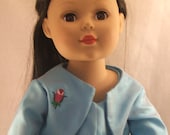 Turquoise Dress and Jacket with embroidered rose for American Doll