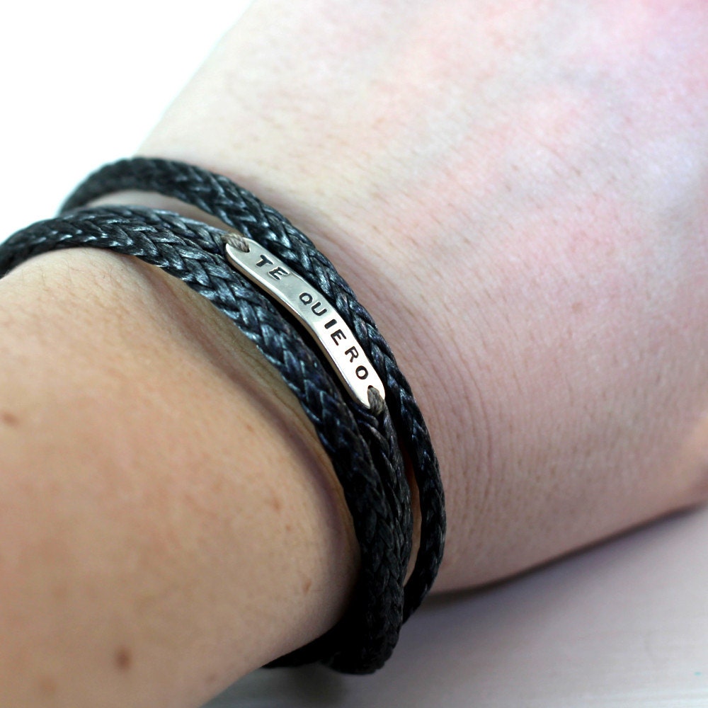 3 turns spectra bracelet, 5mm wide silver plate with longitude latitude engraved