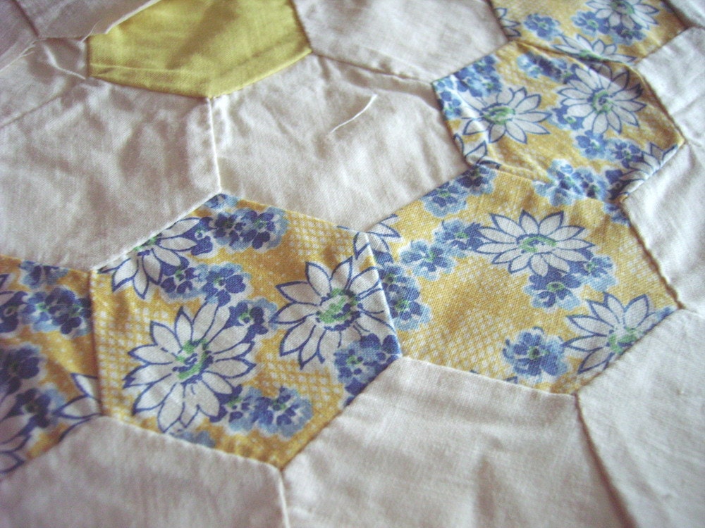 Grandmothers Flower Garden Pieced Quilt Blocks Pair, Blue and Yellow - Quality Hand Stitching on Each Hexagon Piece - 1930s or 40s era
