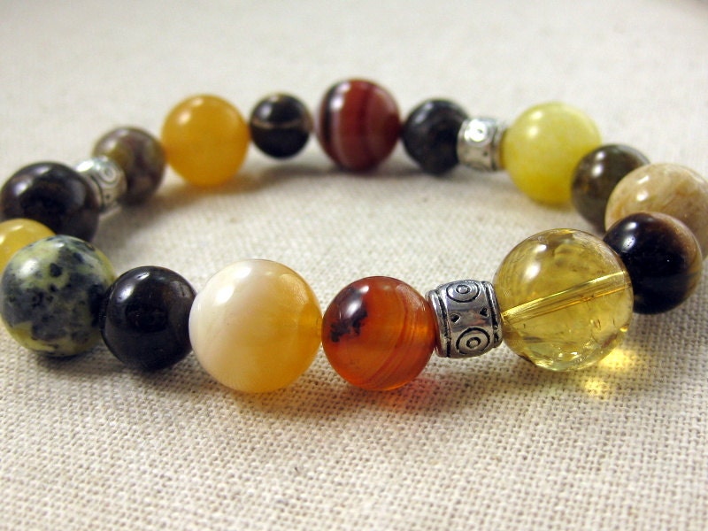 Yellow Beaded Bracelet  Autumn Fall Fashion Stone Stretch Mustard Agate