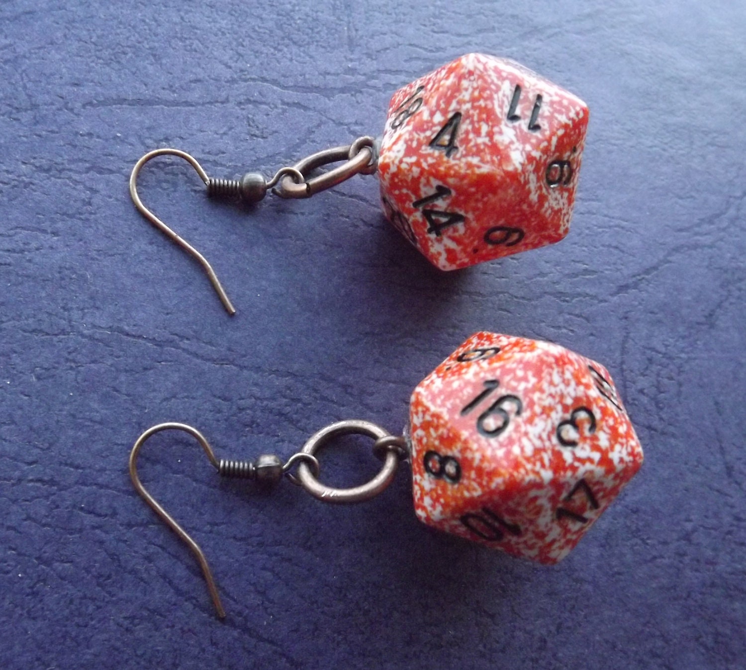 Earrings d20 20 Sided Dice Die speckled orange and white color with copper loop style ear rings D&D Gamer Girl