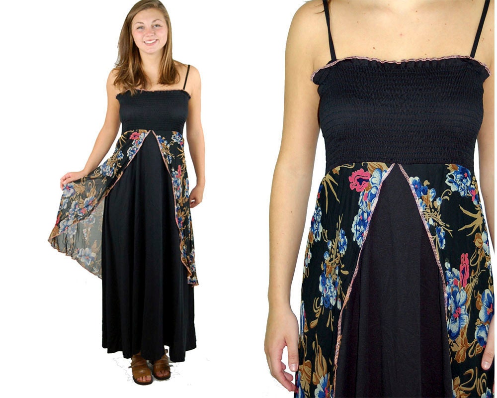 Vintage peasant dress, 1970s boho dress, Young Edwardian, maxi dress, black and flowers, Size 5