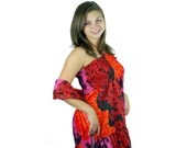 Vintage Hawaiian style dress, 1970s maxi, pink orange, black pink, ruffled tiers, tube top, sundress, Size L