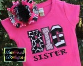 BIG Sister or LIL Sister Zebra and Giraffe Print Applique Boutique Hot Pink Shirt or Onesie and Hair Bow Set for Baby and Toddler Girls