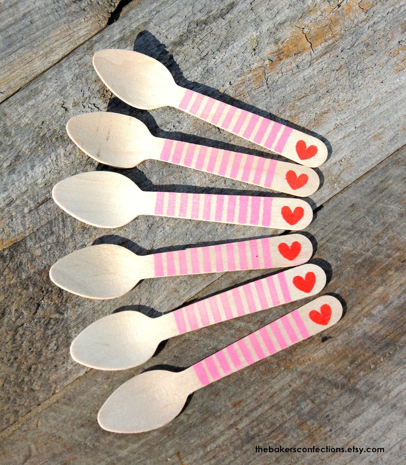 Small Wooden Spoons - Sweetheart Stripes & Heart - Eco-friendly Cupcake Spoons, Ice Cream Spoons (set of 18)