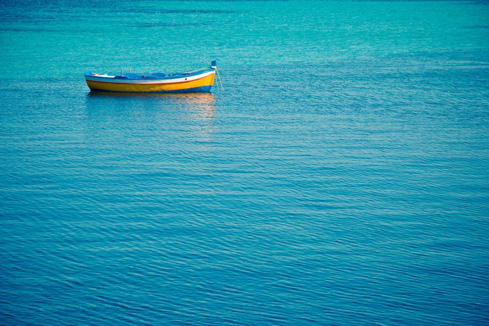 Fishing boat on sea - 8x12 Water Photography blue summer beach wall art decor sea aqua seashore prints nautical decor
