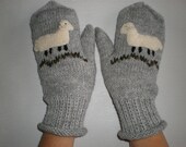 Hand-knitted light grey women gloves with hand needlecrafted furry sheep