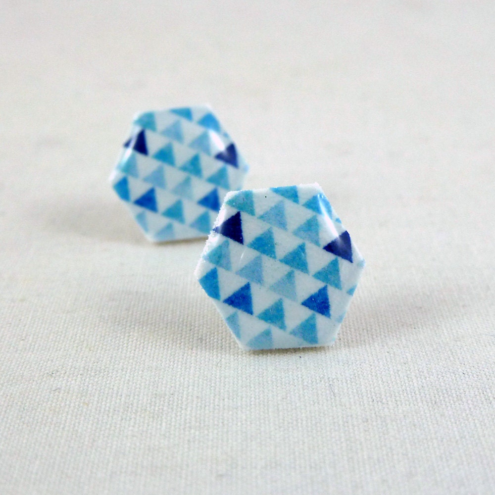 Hexagon Earrings - Geometric Triangles - Blue - Surgical Steel Posts Hypoallergenic