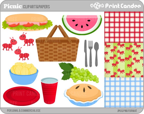 Picnic - BUY 2 GET 1 FREE - Digital Clip Art - Personal and Commercial Use - picnic basket blanket watermelon ants pie chips sandwich