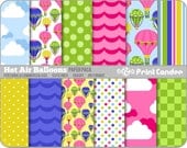 Hot Air Balloons Paper Pack (12 Sheets) - BUY 2 GET 2 FREE - Personal and Commercial Use - pink green blue yellow dots stripes clouds waves