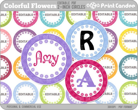 2 Inch - Editable PDF (8x10) - Colorful Flowers Digital Collage Sheet (No. 205B) - Buy 2 Get 2 Free - 2 Inch Circles, Buttons, Magnets