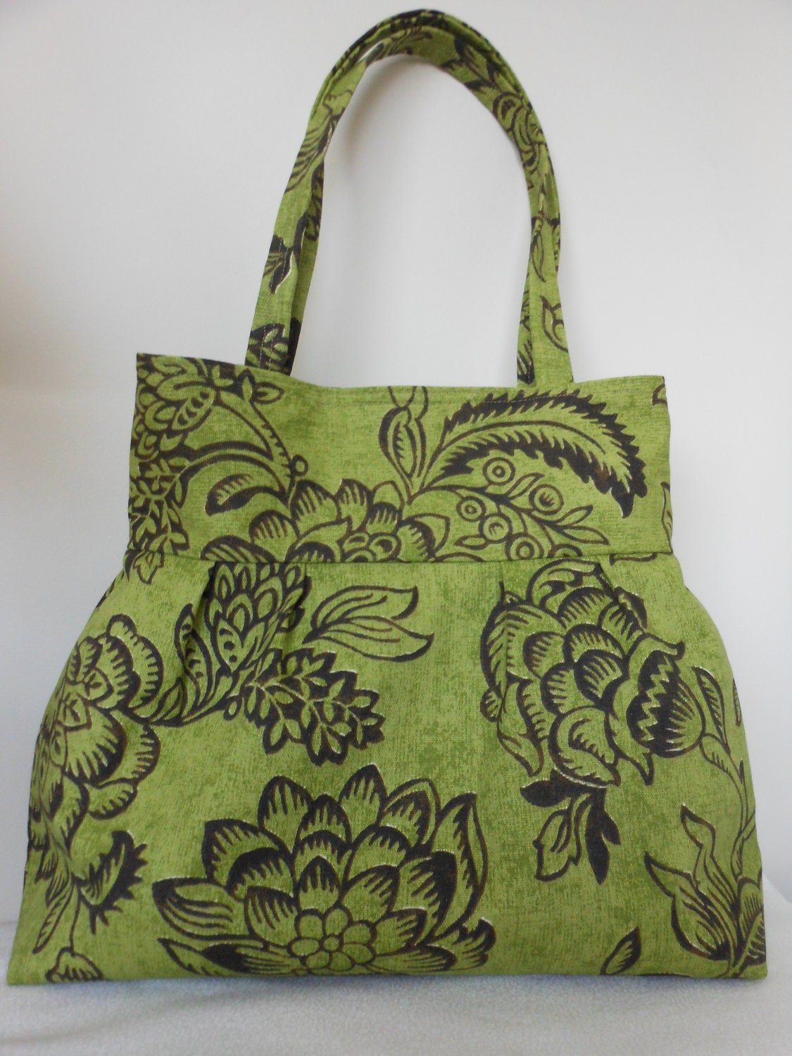 Handmade drapery fabric  Pleated Hobo Shoulder Everyday Bag - Large Floral on green