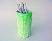 Neon Green and white pencil holder / neon office decor / lime green and white /  painted pencil cup