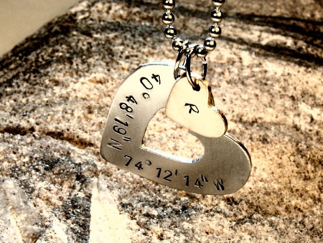 Latitude longitude heart shaped pendant with bronze monogram charm