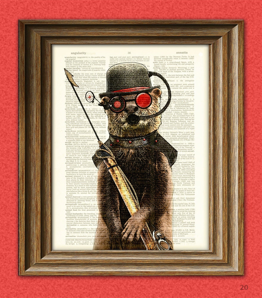 Steampunk Otter "Salty, First Mate of the Below Decks" with Diver Mask and Harpoon illustration upcycled dictionary page book art print