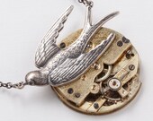 Steampunk Necklace antique gold pocket watch movement gears silver swallow bird vintage pendant Industrial jewelry Steampunk Nation 1658