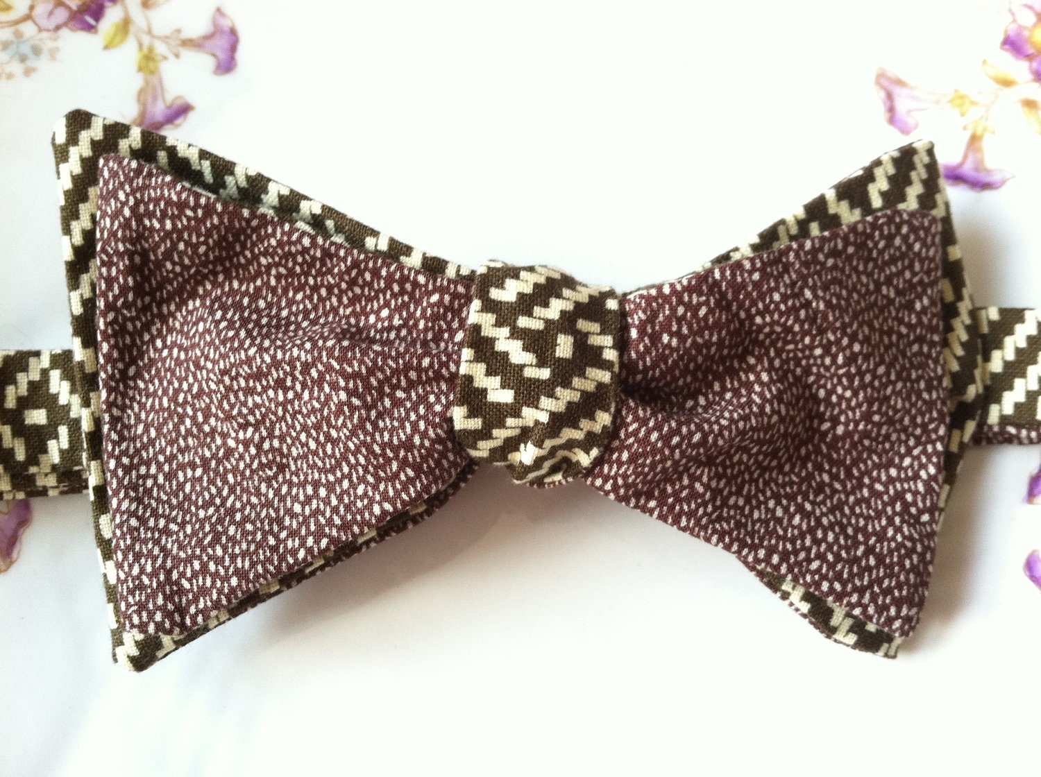 Dark Olive Green Aztec Print and Brown Dotted Bow Tie