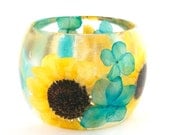 Super Chunky Statement Bangle.  Sunflower and Hydrangea Botanical Resin Bracelet.  Pressed Flower  Bangle.  Yellow and Blue