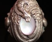 Magical Hand Crafted Serpant  Dragon Mother of Pearl Sterling Silver Vintage Ring