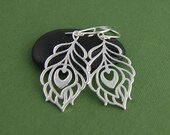 Large silver peacock feather pendant earrings, peacock earrings, feather earrings, sterling silver earrings