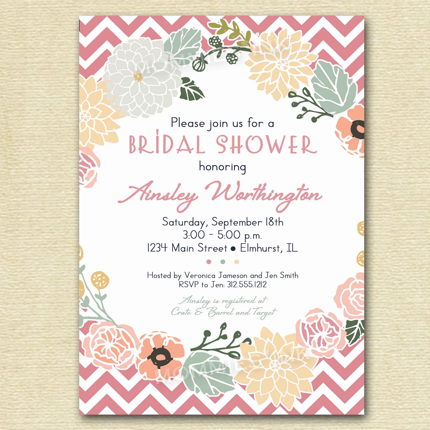 Vintage Flower Wreath and Pink Chevron Bridal Shower Invite - Chevron - PRINTABLE INVITATION DESIGN Il_570xn