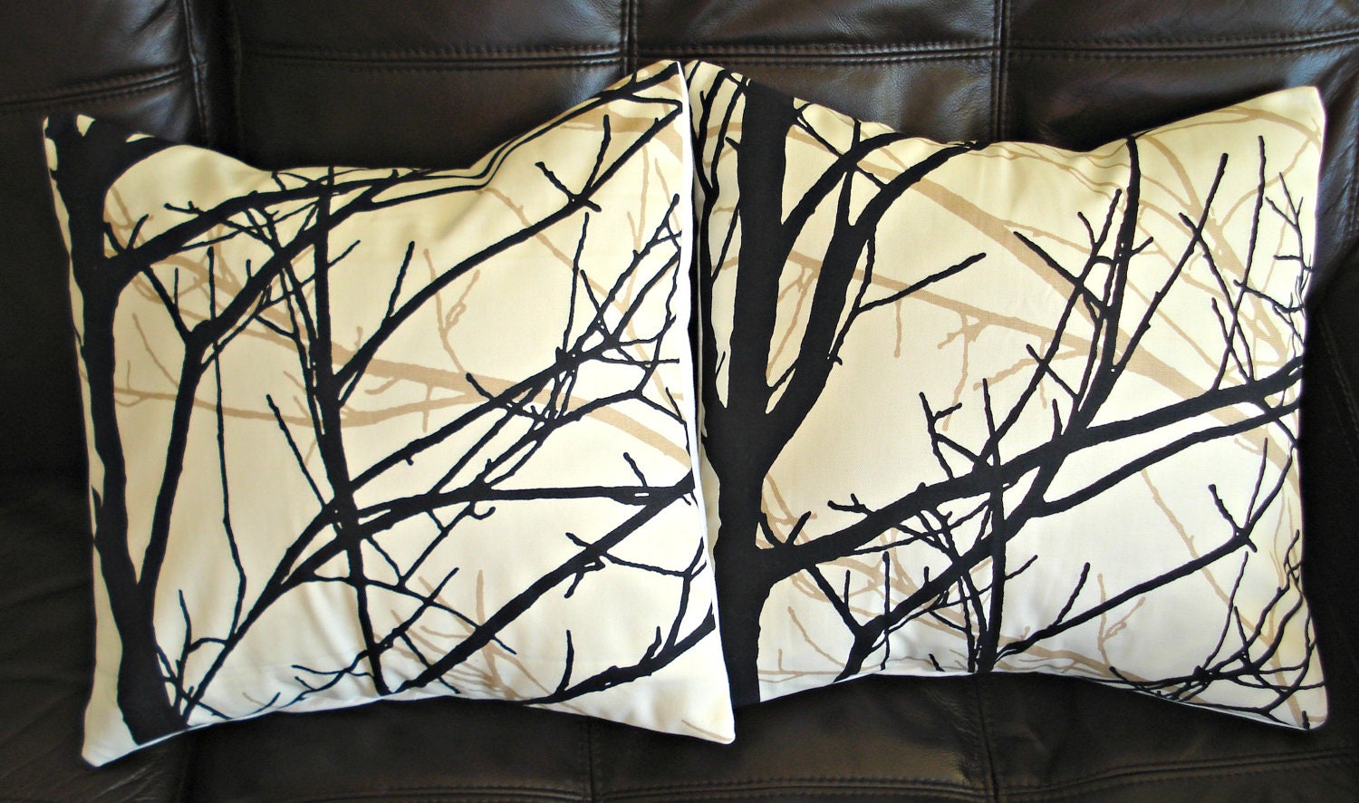 Throw Pillows Two New 16 inch Handmade black and brown gold Tree branch branches Print Design cushion covers slip shams