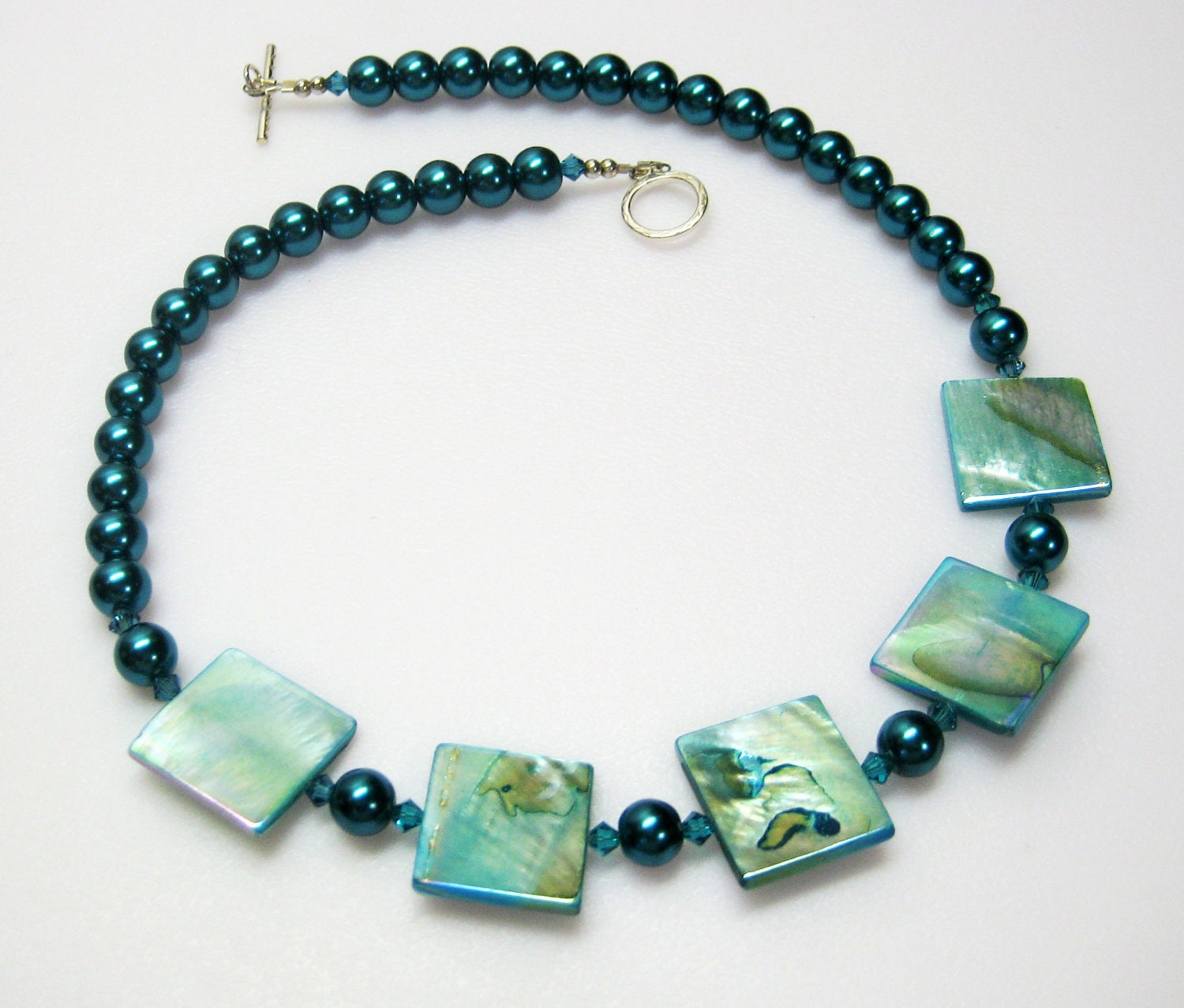 Teal Mother of Pearl Necklace - Teal Glass Pearls - Blue - Green - OOAK