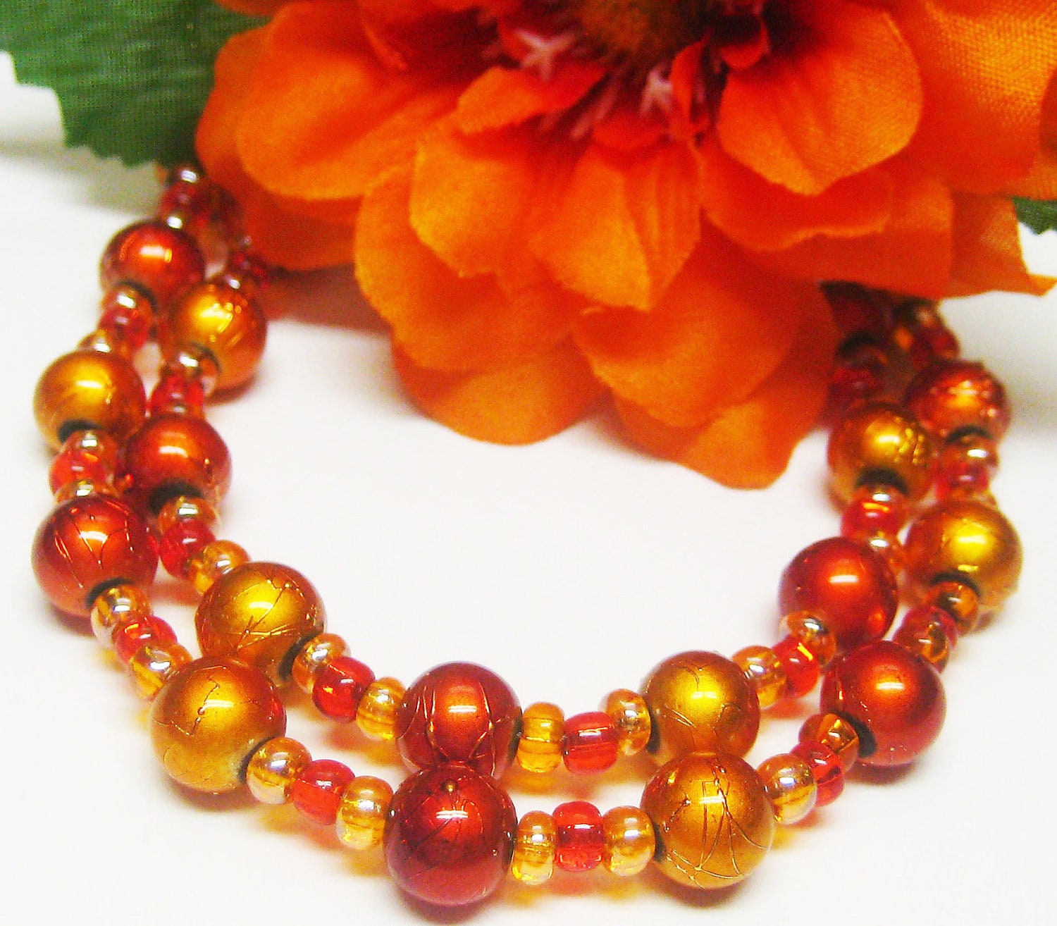 Red Orange Bracelet - Glass Beads - Double Strand -  Gold Czech Glass