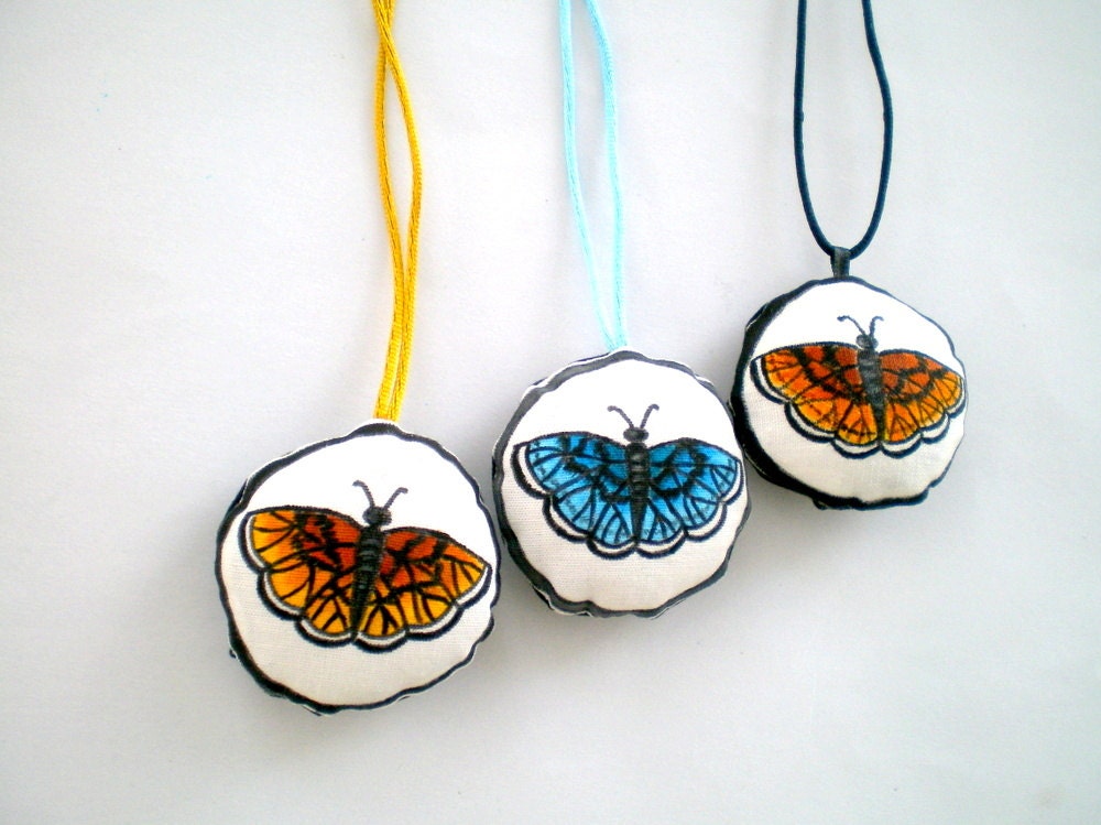 Hand Painted Blue Butterfly Necklace, soft plush doll ,wearable art