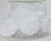 May Arts Shabby Chic Wired Flower Ribbon - White 1 yard