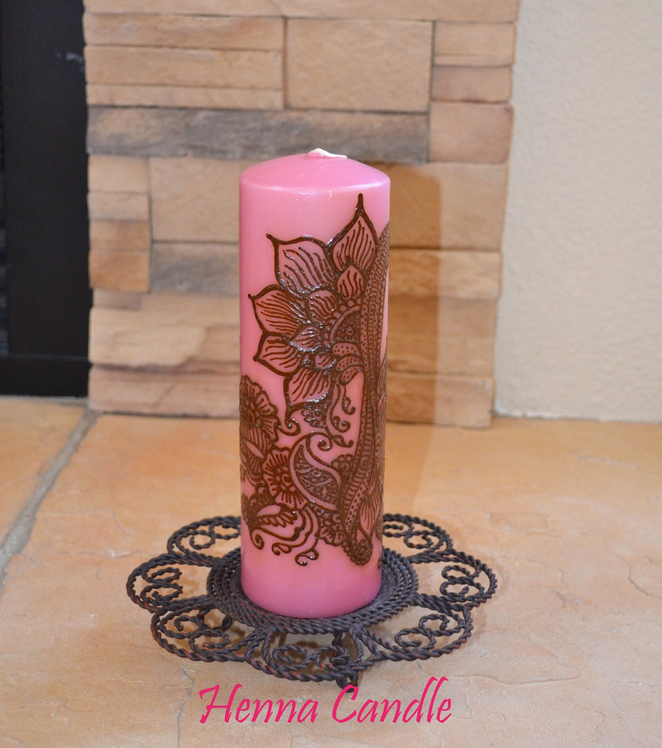 Henna candle with Handpainted floral design- Original - One of a Kind