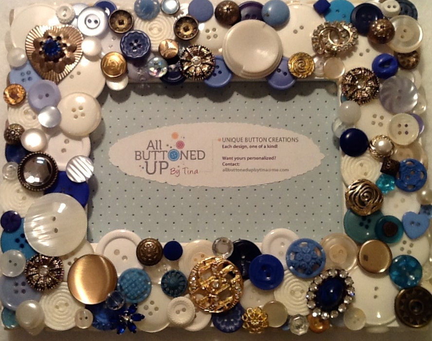 RESERVED For Tina - Blue and White Button Picture Frame for 4"x6" photo