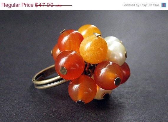 SUMMER SALE - Orange Cocktail Ring. Gemstone Ring. Cluster Ring in Red Agate, Autumn Jade and Pearls. Handmade Ring.